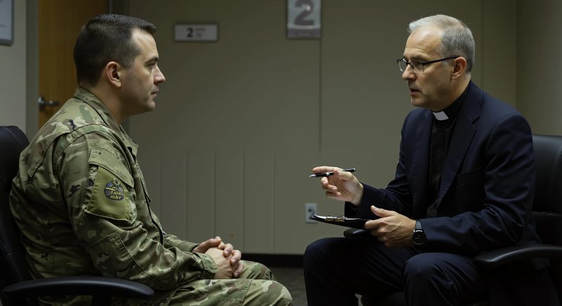 Military serviceman speaking with priest